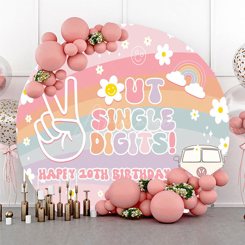 Aperturee - Aperturee Peace Out Single Digits 10th Birthday Round Backdrop Groovy 70s Retro Theme VW Bus and Rainbow Party Decor