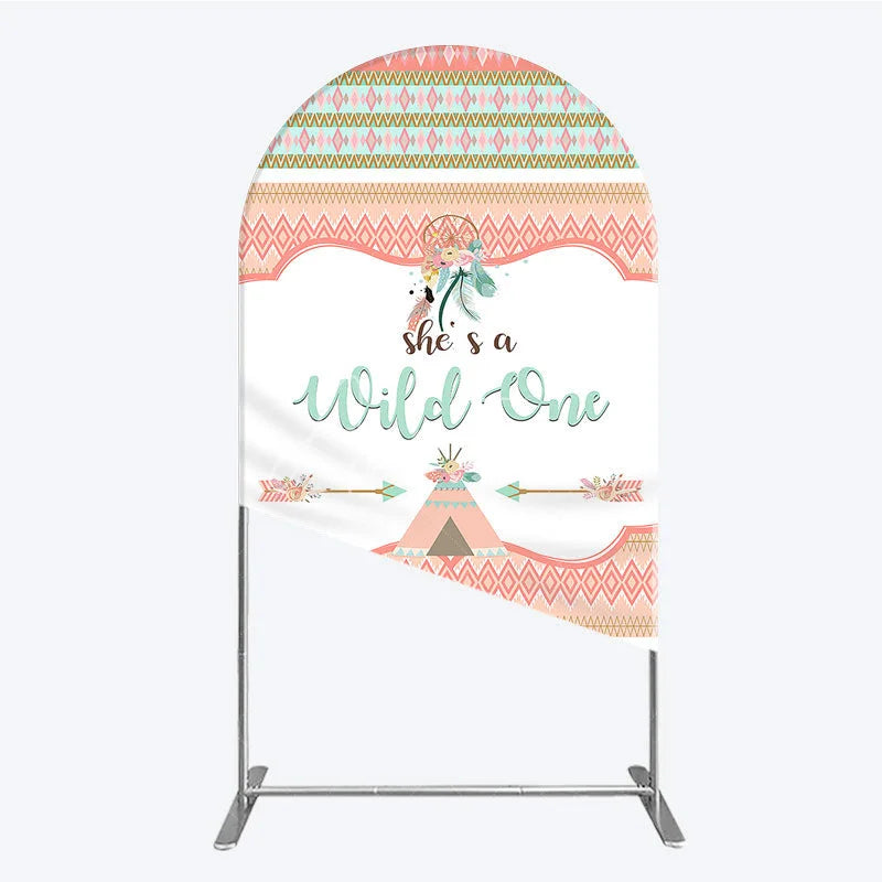 Aperturee - Aperturee Peach and Mint Boho Tribal She’s a Wild One Round Top Arch Backdrop Dreamcatcher Teepee Birthday Party Decor