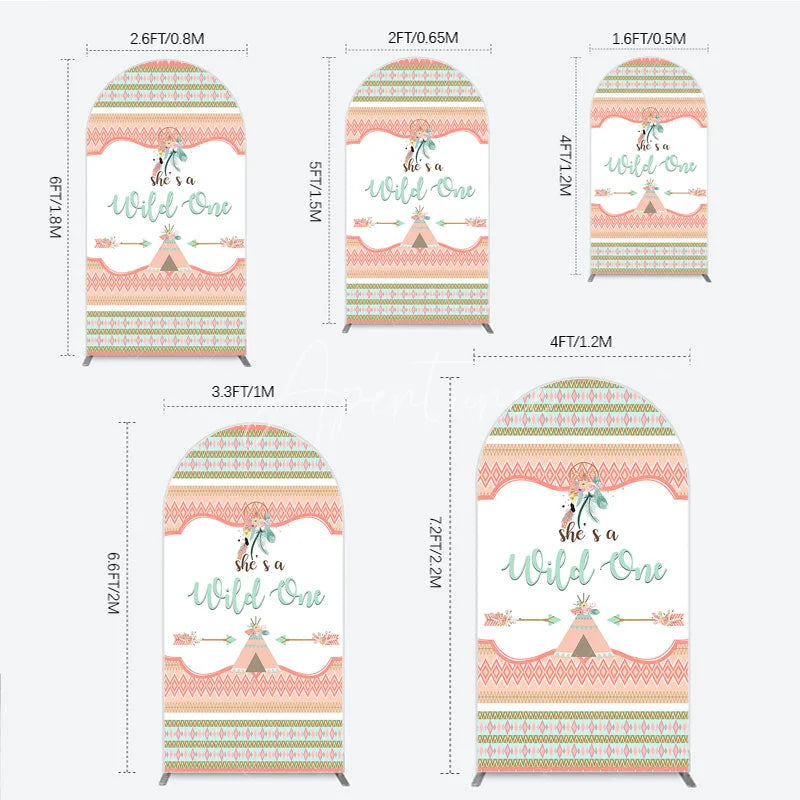 Aperturee - Aperturee Peach and Mint Boho Tribal She’s a Wild One Round Top Arch Backdrop Dreamcatcher Teepee Birthday Party Decor