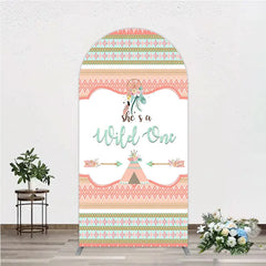 Aperturee - Aperturee Peach and Mint Boho Tribal She’s a Wild One Round Top Arch Backdrop Dreamcatcher Teepee Birthday Party Decor