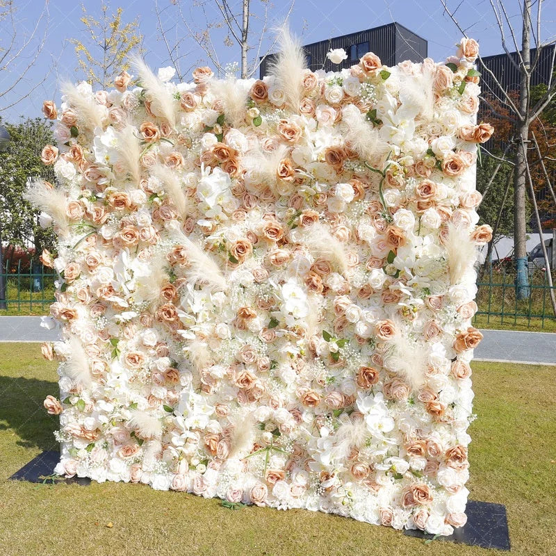 Aperturee - Aperturee Peach and White Roses Artificial Flower Wall with Pampas Grass Elegant Wedding and Party Decor