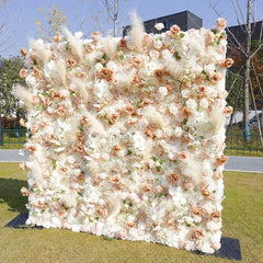 Aperturee - Aperturee Peach and White Roses Artificial Flower Wall with Pampas Grass Elegant Wedding and Party Decor