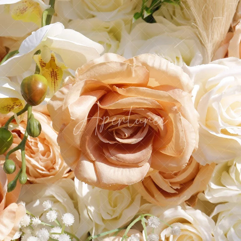 Aperturee - Aperturee Peach and White Roses Artificial Flower Wall with Pampas Grass Elegant Wedding and Party Decor