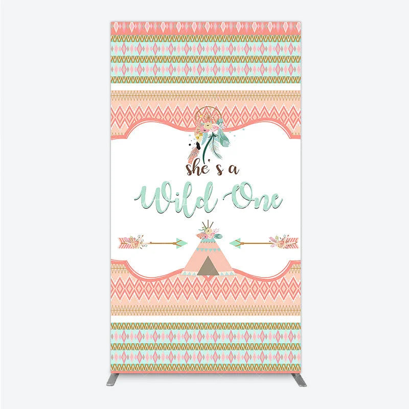 Aperturee - Aperturee Peach Mint Green Boho Tribal Rectangle Arch Backdrop She’s a Wild One Dreamcatcher Teepee Birthday Party Decor