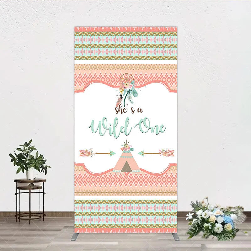 Aperturee - Aperturee Peach Mint Green Boho Tribal Rectangle Arch Backdrop She’s a Wild One Dreamcatcher Teepee Birthday Party Decor