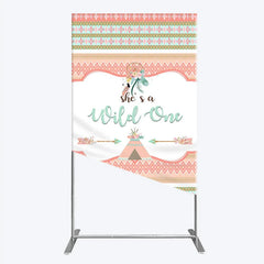 Aperturee - Aperturee Peach Mint Green Boho Tribal Rectangle Arch Backdrop She’s a Wild One Dreamcatcher Teepee Birthday Party Decor