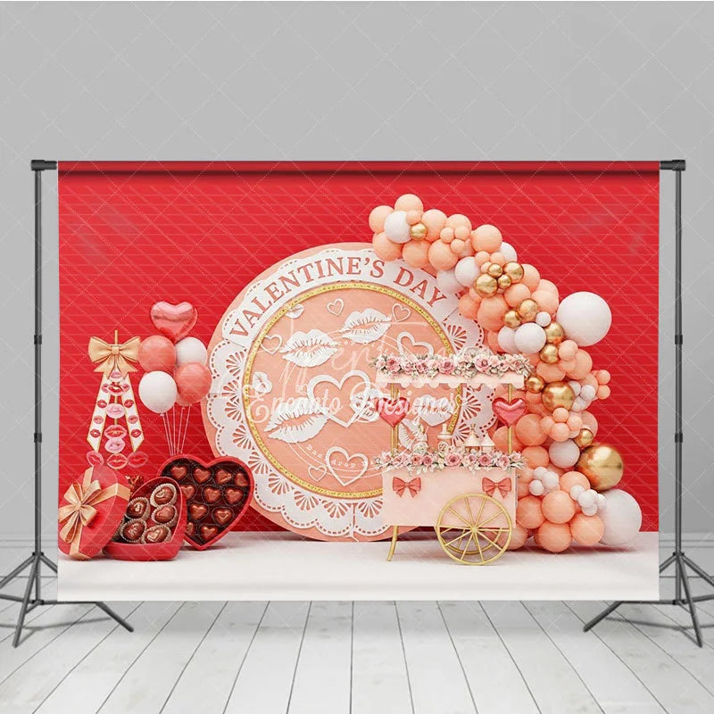 Aperturee - Aperturee Peach Valentine Day Cart Backdrop Kiss Lips Lace Circle Flower Stand Background Sweet Love Photography Prop