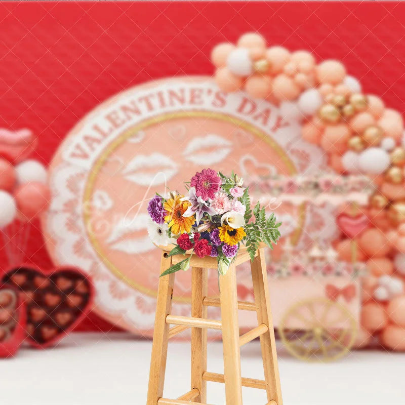 Aperturee - Aperturee Peach Valentine Day Cart Backdrop Kiss Lips Lace Circle Flower Stand Background Sweet Love Photography Prop