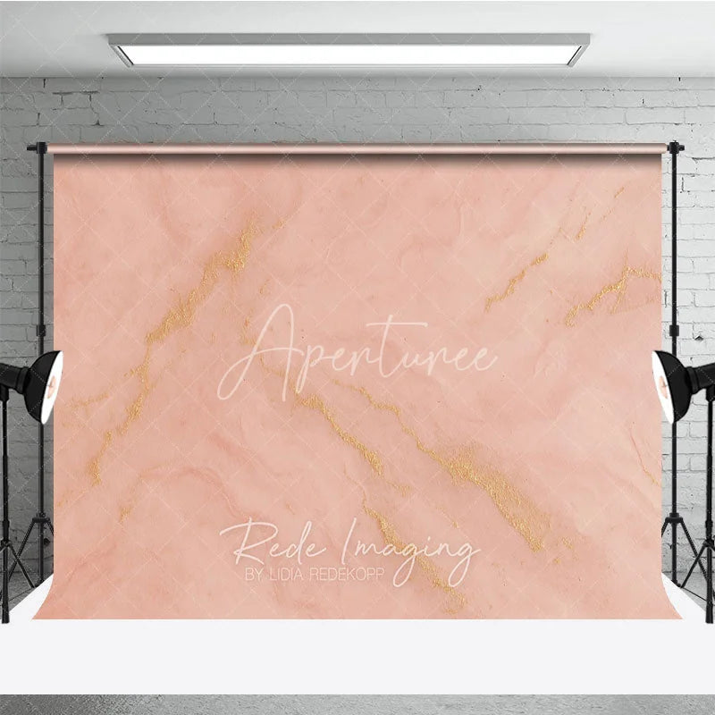 Aperturee - Aperturee Peachy Pink and Gold Vein Marble Texture Photography Backdrop Elegant Abstract Blush Photo Background