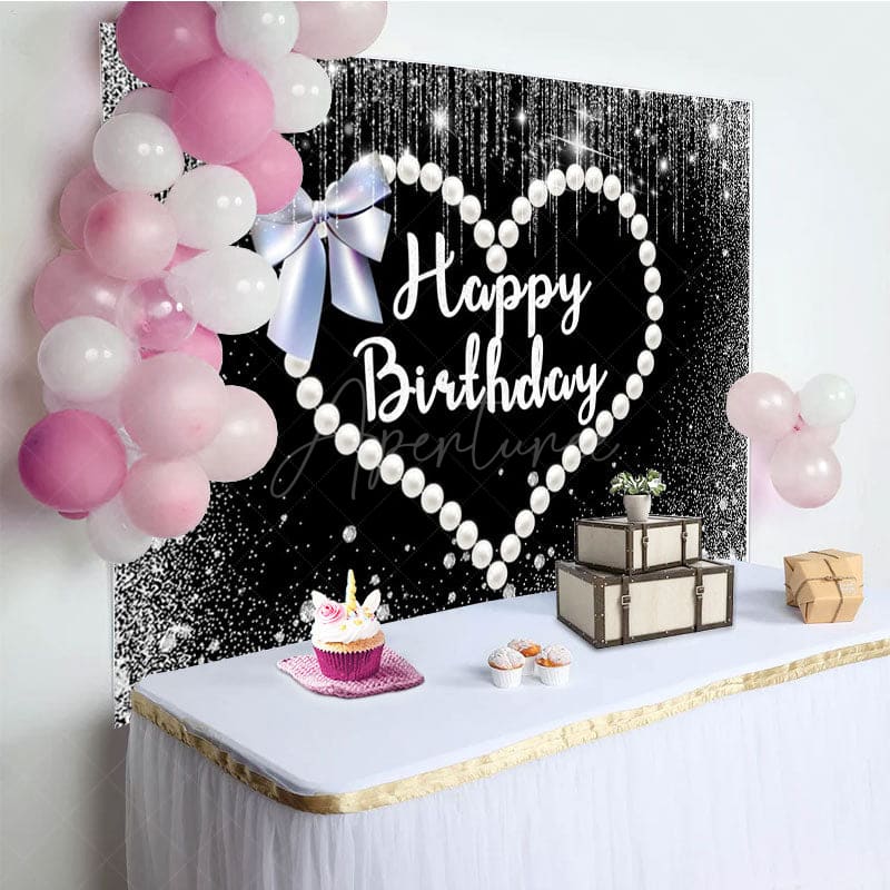 Aperturee - Aperturee Pearl Love Cute Bow Black Happy Birthday Backdrop