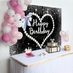 Aperturee - Aperturee Pearl Love Cute Bow Black Happy Birthday Backdrop