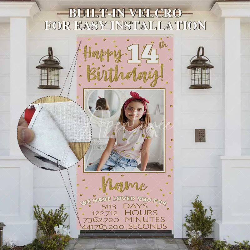 Aperturee - Aperturee Personalized 14th Birthday Door Cover Pink and Gold Photo Custom Name Banner