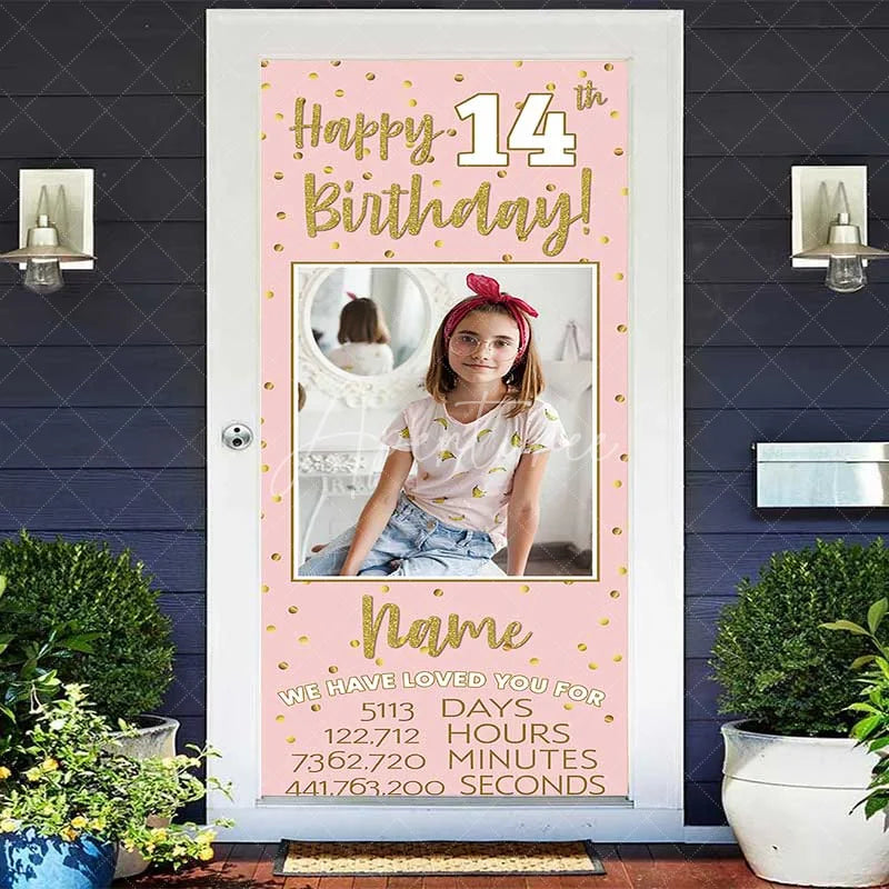 Aperturee - Aperturee Personalized 14th Birthday Door Cover Pink and Gold Photo Custom Name Banner