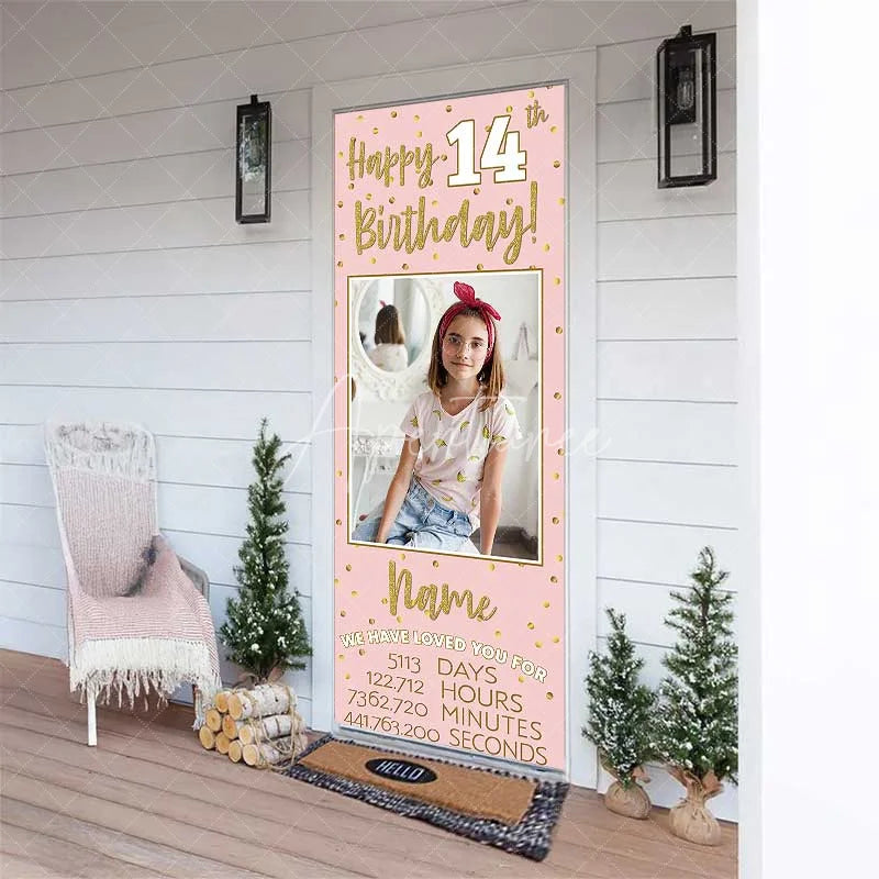 Aperturee - Aperturee Personalized 14th Birthday Door Cover Pink and Gold Photo Custom Name Banner