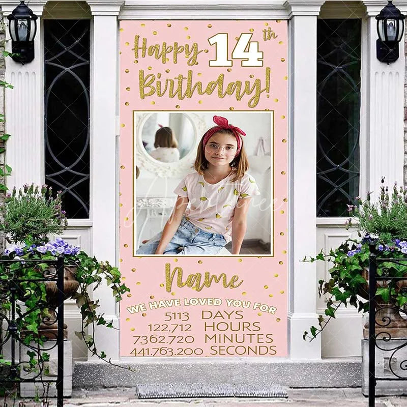 Aperturee - Aperturee Personalized 14th Birthday Door Cover Pink and Gold Photo Custom Name Banner