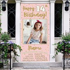 Aperturee - Aperturee Personalized 14th Birthday Door Cover Pink and Gold Photo Custom Name Banner