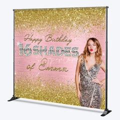 Aperturee - Aperturee Personalized 16 Shades 16th Birthday Backdrop Custom Name Gold Glitter and Pink Glam Party Banner