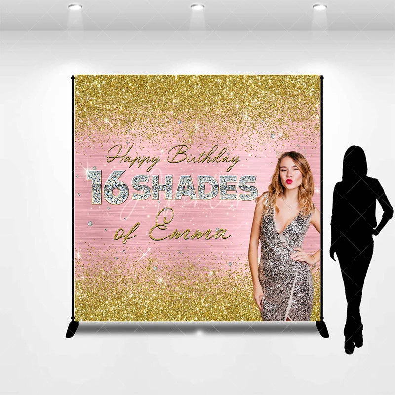 Aperturee - Aperturee Personalized 16 Shades 16th Birthday Backdrop Custom Name Gold Glitter and Pink Glam Party Banner