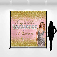 Aperturee - Aperturee Personalized 16 Shades 16th Birthday Backdrop Custom Name Gold Glitter and Pink Glam Party Banner