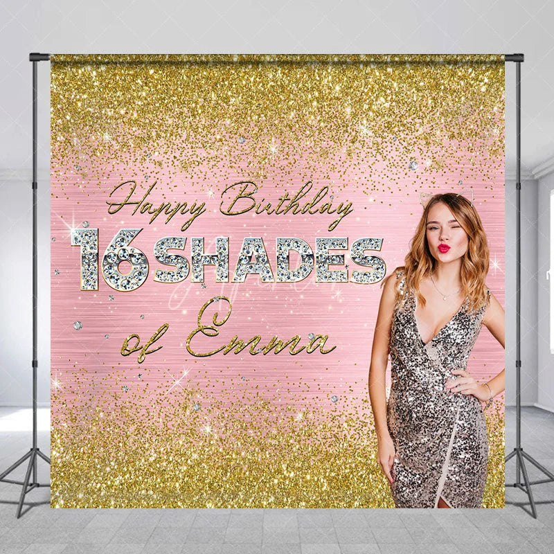Aperturee - Aperturee Personalized 16 Shades 16th Birthday Backdrop Custom Name Gold Glitter and Pink Glam Party Banner