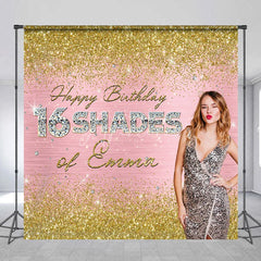 Aperturee - Aperturee Personalized 16 Shades 16th Birthday Backdrop Custom Name Gold Glitter and Pink Glam Party Banner