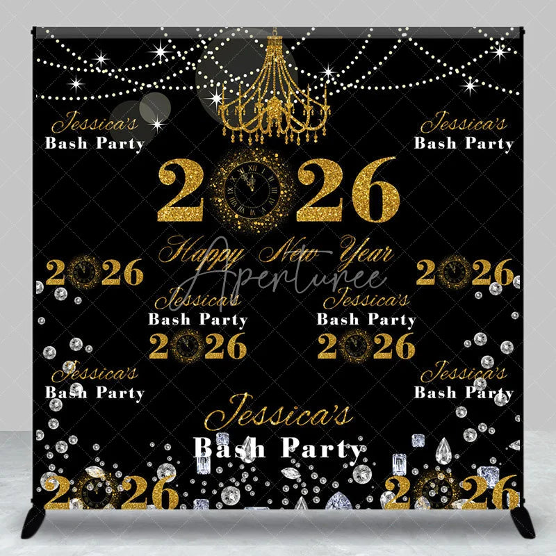 Aperturee - Aperturee Personalized 2026 Happy New Year Backdrop Black and Gold Glitter with Chandelier Custom NYE Bash Party Decor