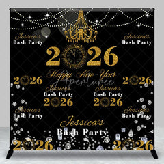 Aperturee - Aperturee Personalized 2026 Happy New Year Backdrop Black and Gold Glitter with Chandelier Custom NYE Bash Party Decor