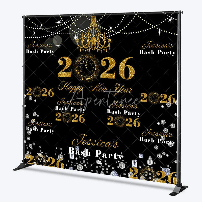 Aperturee - Aperturee Personalized 2026 Happy New Year Backdrop Black and Gold Glitter with Chandelier Custom NYE Bash Party Decor