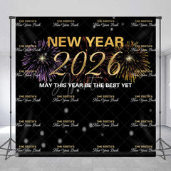 Aperturee - Aperturee Personalized 2026 New Year’s Eve Backdrop Black and Gold Fireworks Step and Repeat Custom NYE Bash Party Decor