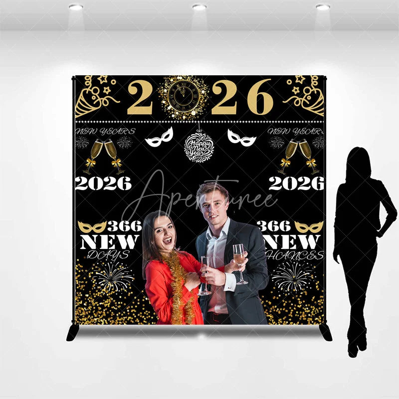 Aperturee - Aperturee Personalized 2026 New Year’s Eve Photo Backdrop Black and Gold ’366 New Chances’ Custom NYE Party Photo Booth