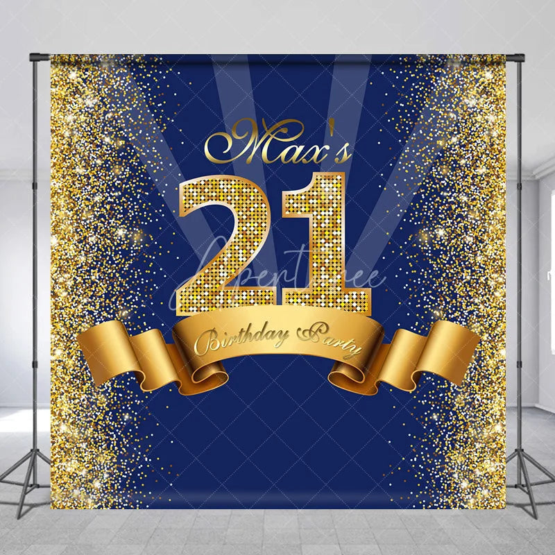 Aperturee - Aperturee Personalized 21st Birthday Backdrop Gold Glitter Number 21 on Navy Blue Background Custom Name Milestone Party Decor