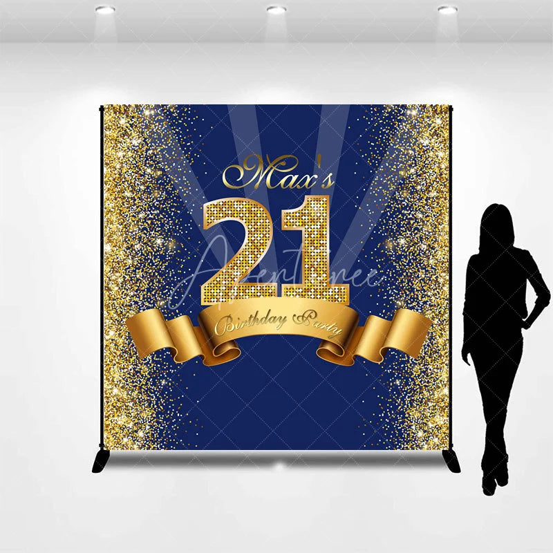 Aperturee - Aperturee Personalized 21st Birthday Backdrop Gold Glitter Number 21 on Navy Blue Background Custom Name Milestone Party Decor
