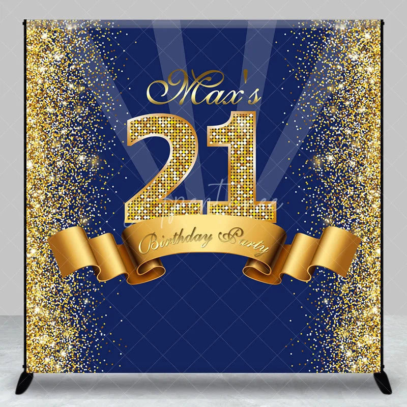 Aperturee - Aperturee Personalized 21st Birthday Backdrop Gold Glitter Number 21 on Navy Blue Background Custom Name Milestone Party Decor