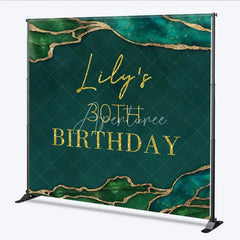 Aperturee - Aperturee Personalized 30th Birthday Backdrop in Emerald Green and Gold Elegant Agate Marble Custom Name Party Decor