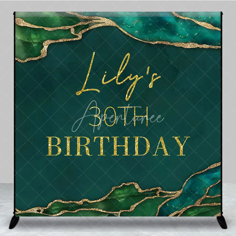 Aperturee - Aperturee Personalized 30th Birthday Backdrop in Emerald Green and Gold Elegant Agate Marble Custom Name Party Decor