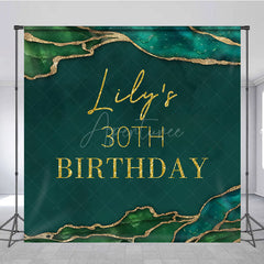 Aperturee - Aperturee Personalized 30th Birthday Backdrop in Emerald Green and Gold Elegant Agate Marble Custom Name Party Decor