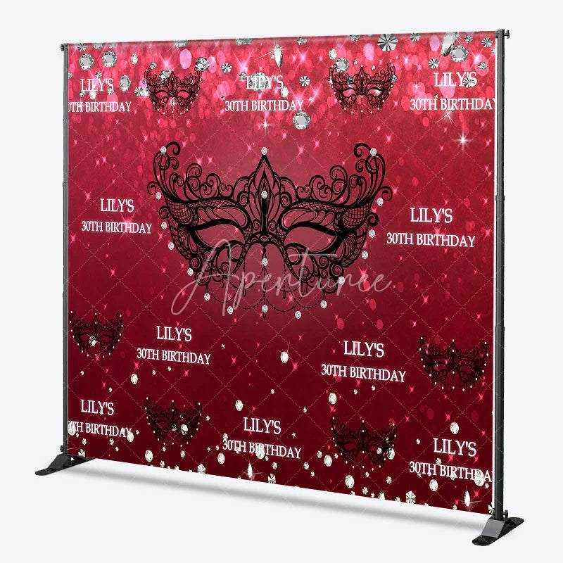 Aperturee - Aperturee Personalized 30th Birthday Masquerade Backdrop Red and Black Venetian Mask Custom Name Glitter Party Decor