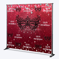 Aperturee - Aperturee Personalized 30th Birthday Masquerade Backdrop Red and Black Venetian Mask Custom Name Glitter Party Decor