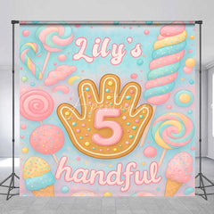 Aperturee - Aperturee Personalized 5 Handful Candy Birthday Backdrop Custom Name Pastel Lollipop Party Banner
