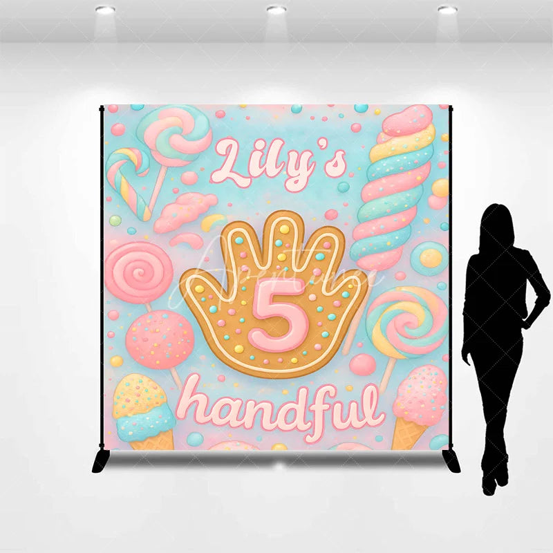 Aperturee - Aperturee Personalized 5 Handful Candy Birthday Backdrop Custom Name Pastel Lollipop Party Banner