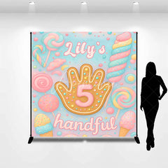 Aperturee - Aperturee Personalized 5 Handful Candy Birthday Backdrop Custom Name Pastel Lollipop Party Banner