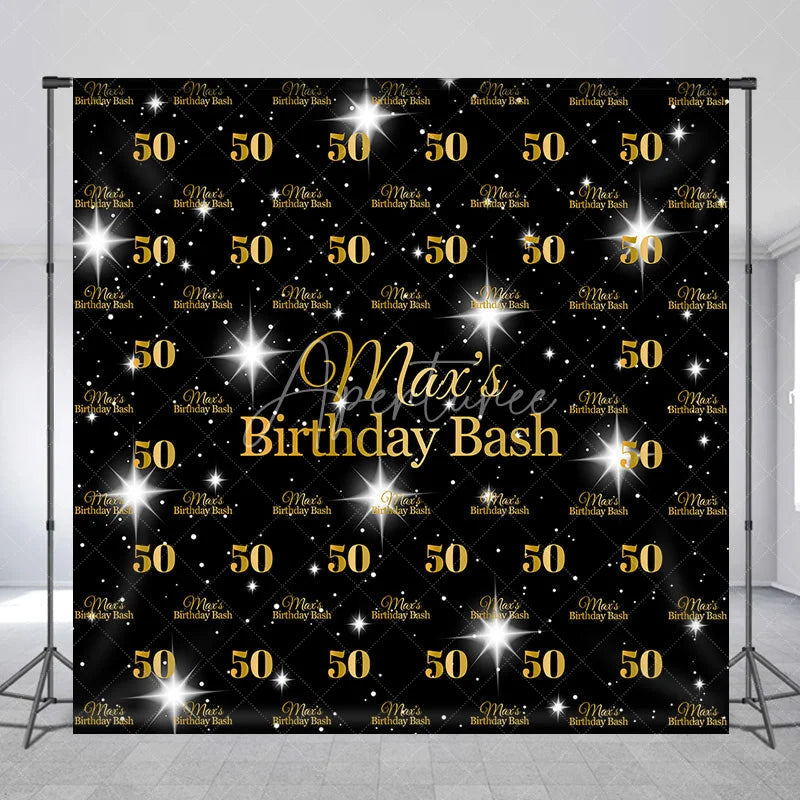 Aperturee - Aperturee Personalized 50th Birthday Bash Backdrop Gold Glitter Number 50 on Black Background Custom Name Milestone Decor