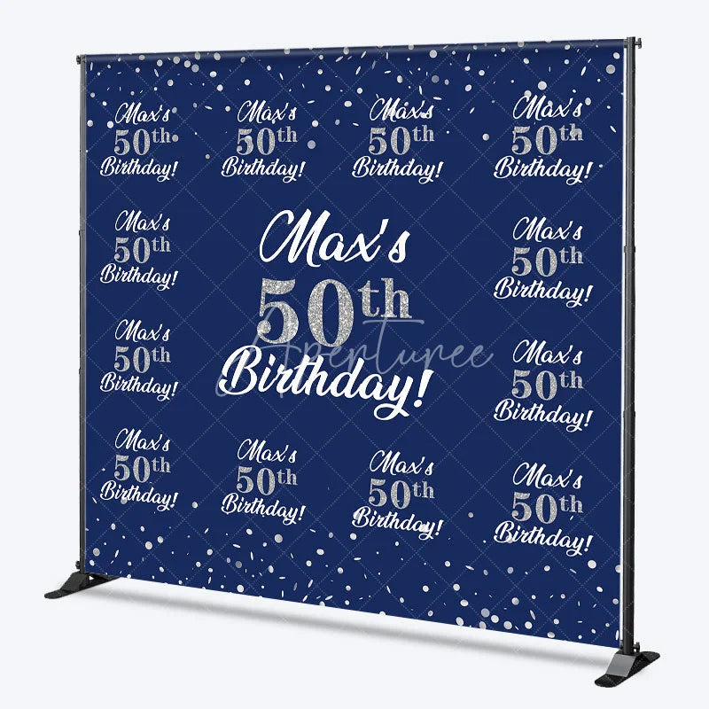 Aperturee - Aperturee Personalized 50th Birthday Step and Repeat Backdrop Custom Name Navy Blue and Silver Party Banner