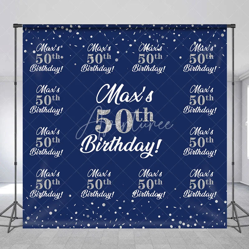 Aperturee - Aperturee Personalized 50th Birthday Step and Repeat Backdrop Custom Name Navy Blue and Silver Party Banner