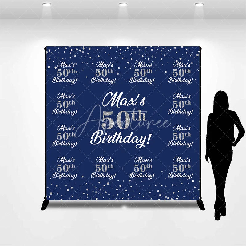 Aperturee - Aperturee Personalized 50th Birthday Step and Repeat Backdrop Custom Name Navy Blue and Silver Party Banner