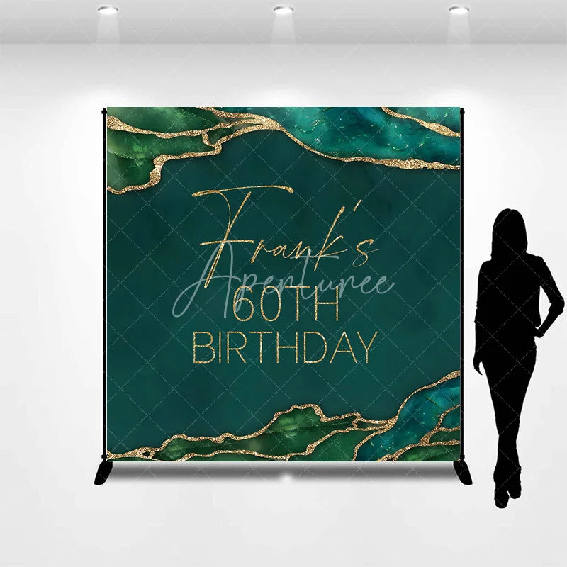 Aperturee - Aperturee Personalized 60th Birthday Backdrop in Emerald Green and Gold Elegant Agate Marble Custom Name Party Decor