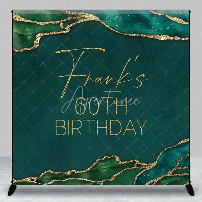Aperturee - Aperturee Personalized 60th Birthday Backdrop in Emerald Green and Gold Elegant Agate Marble Custom Name Party Decor