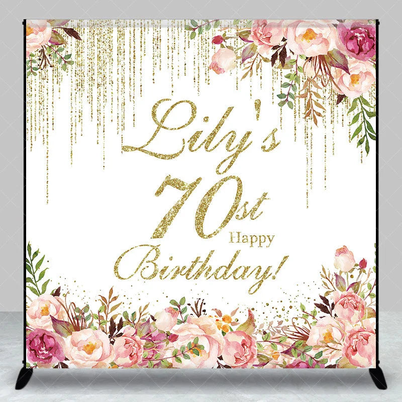 Aperturee - Aperturee Personalized 70th Birthday Custom Backdrop Gold Glitter Drips and Elegant Watercolor Floral Design for Party