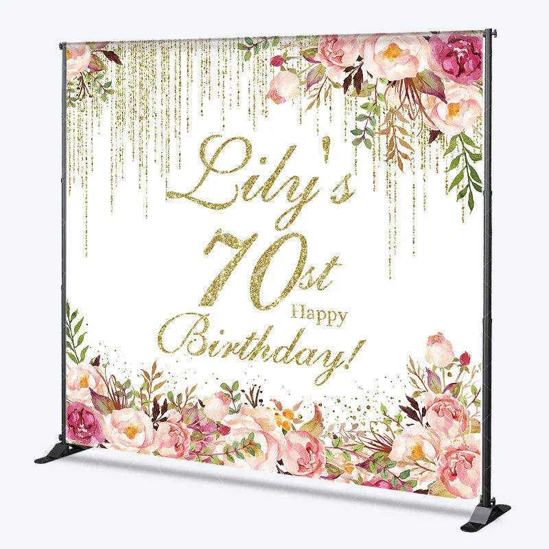 Aperturee - Aperturee Personalized 70th Birthday Custom Backdrop Gold Glitter Drips and Elegant Watercolor Floral Design for Party