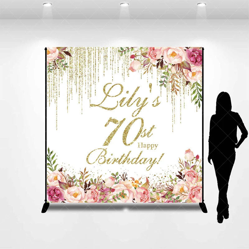Aperturee - Aperturee Personalized 70th Birthday Custom Backdrop Gold Glitter Drips and Elegant Watercolor Floral Design for Party